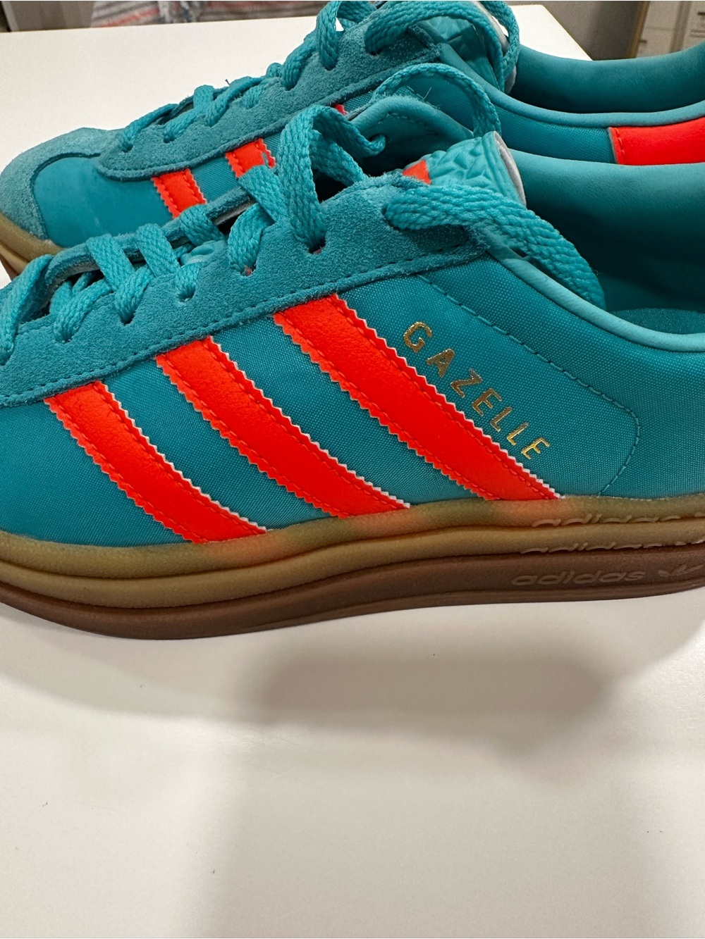 adidas Gazelle Sneakers in Teal with Neon Coral Stripes - Picture 3 of 6